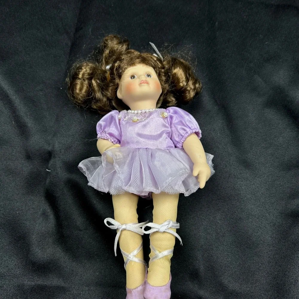 Vintage Miniature Porcelain Ballerina Doll Lavender Tutu Brunette Pigtails 8in